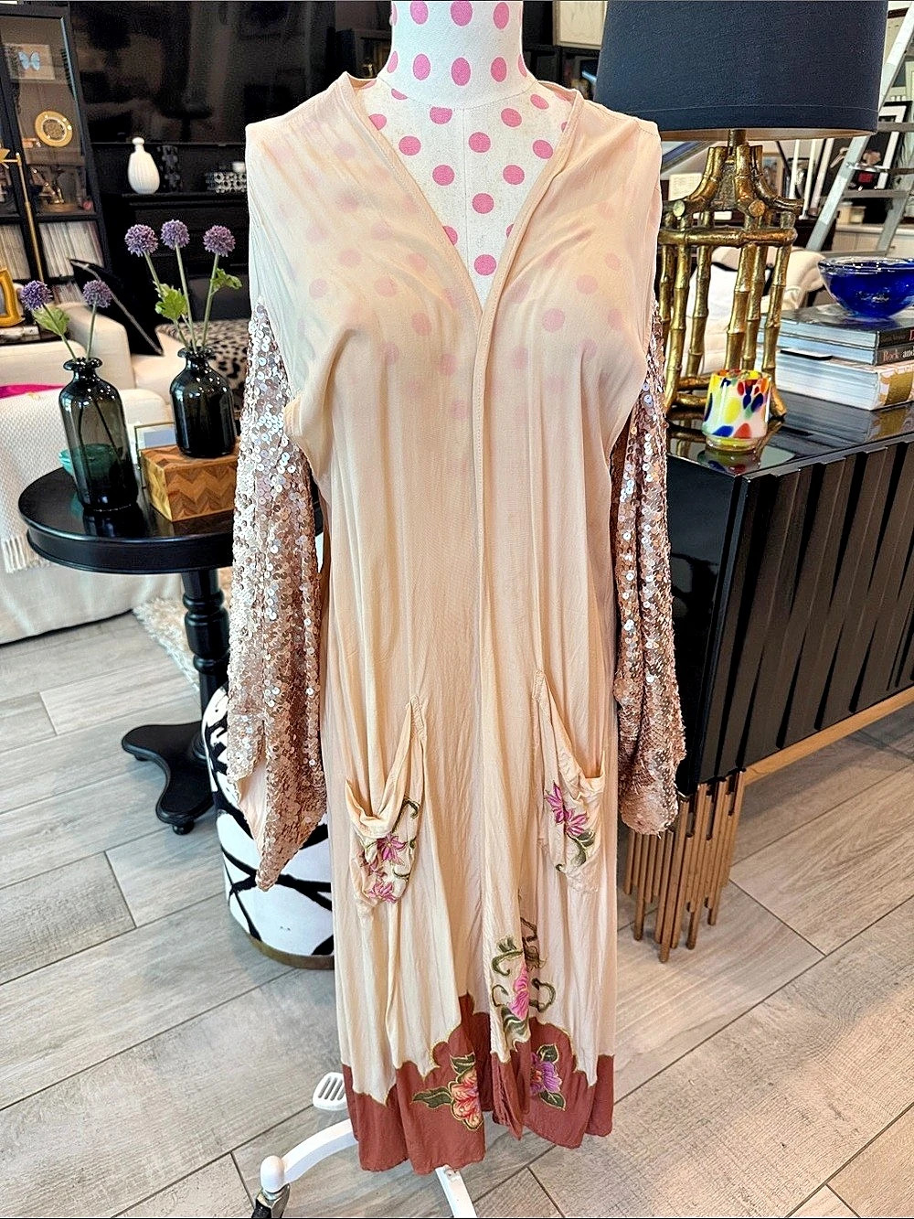 Free People Embroidered Sequin Maxi Dress in Pink & Cream